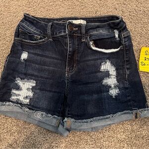 Dark Blue Denim Shorts High-Waisted Cuffed 27”